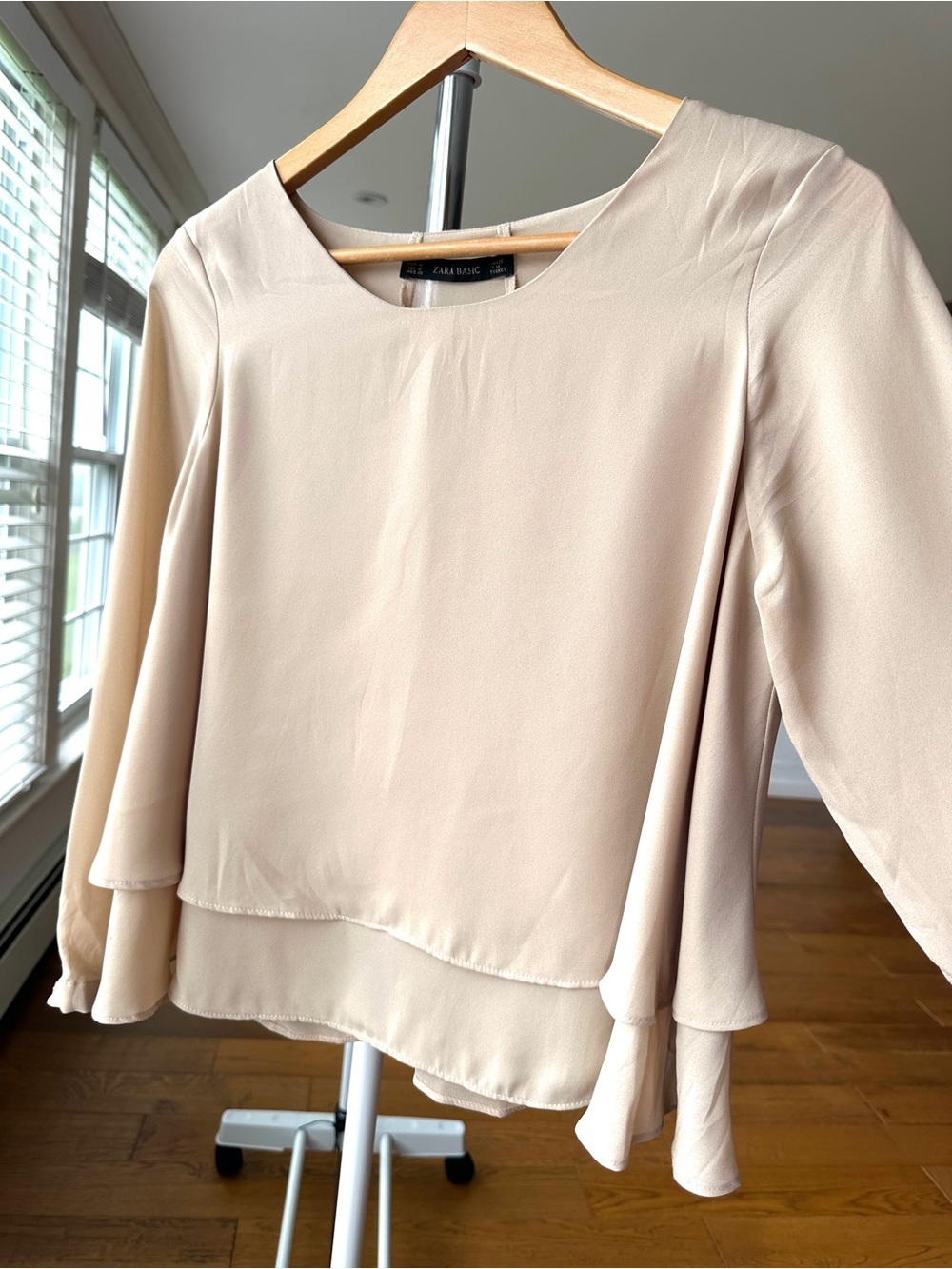 Zara Layered Chiffon Long-Sleeve Top, Loose & Flowy - Beige